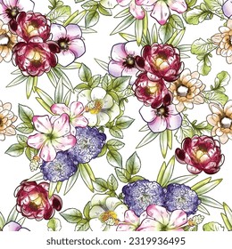 Abstract seamless pattern with plants, herbs and flowers, botanical illustration.
