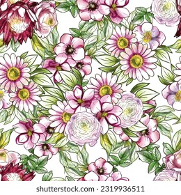 Abstract seamless pattern with plants, herbs and flowers, botanical illustration.