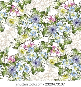 Abstract seamless pattern with plants, herbs and flowers, botanical illustration.