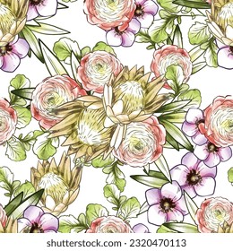 Abstract seamless pattern with plants, herbs and flowers, botanical illustration.