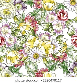 Abstract seamless pattern with plants, herbs and flowers, botanical illustration.