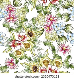 Abstract seamless pattern with plants, herbs and flowers, botanical illustration.