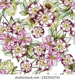 Abstract seamless pattern with plants, herbs and flowers, botanical illustration.