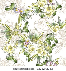 Abstract seamless pattern with plants, herbs and flowers, botanical illustration.
