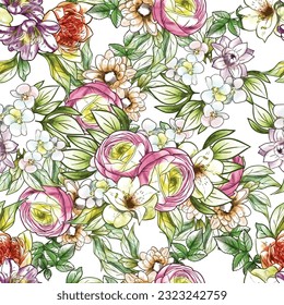 Abstract seamless pattern with plants, herbs and flowers, botanical illustration.