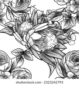 Resumen de patrón sin fisuras con plantas, hierbas y flores, ilustración botánica.