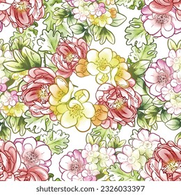 Abstract seamless pattern with plants, herbs and flowers, botanical illustration.