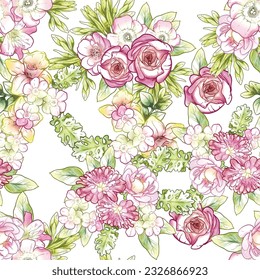 Abstract seamless pattern with plants, herbs and flowers, botanical illustration.