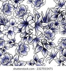 Abstract seamless pattern with plants, herbs and flowers, botanical illustration.