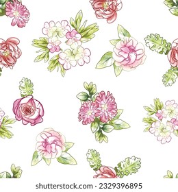 Abstract seamless pattern with plants, herbs and flowers, botanical illustration.