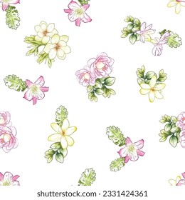 Abstraktes nahtloses Muster mit Pflanzen, Kräutern und Blumen, botanische Illustration.