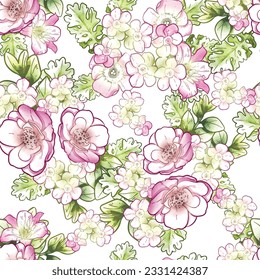 Abstract seamless pattern with plants, herbs and flowers, botanical illustration.