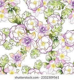 Abstraktes nahtloses Muster mit Pflanzen, Kräutern und Blumen, botanische Illustration.