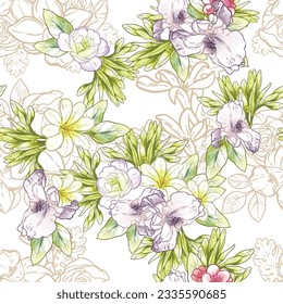 Abstract seamless pattern with plants, herbs and flowers, botanical illustration.