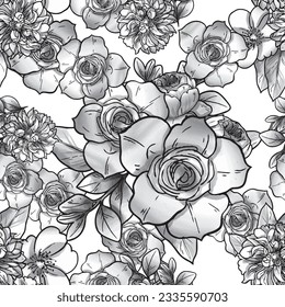 Abstract seamless pattern with plants, herbs and flowers, botanical illustration.