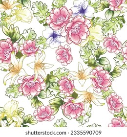 Abstract seamless pattern with plants, herbs and flowers, botanical illustration.