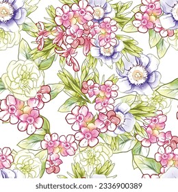 Abstract seamless pattern with plants, herbs and flowers, botanical illustration.