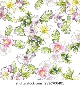 Abstract seamless pattern with plants, herbs and flowers, botanical illustration.