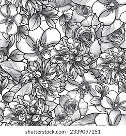 Abstract seamless pattern with plants, herbs and flowers, botanical illustration.