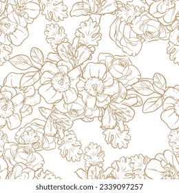 Abstract seamless pattern with plants, herbs and flowers, botanical illustration.