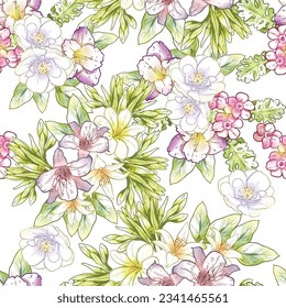 Abstraktes nahtloses Muster mit Pflanzen, Kräutern und Blumen, botanische Illustration.