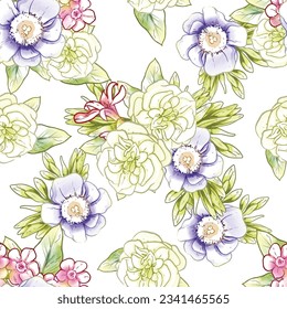 Abstract seamless pattern with plants, herbs and flowers, botanical illustration.