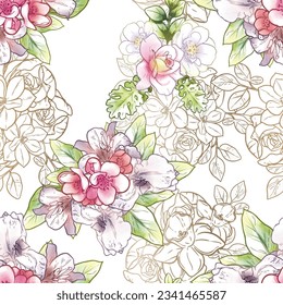 Abstract seamless pattern with plants, herbs and flowers, botanical illustration.
