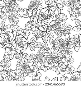 Abstract seamless pattern with plants, herbs and flowers, botanical illustration.