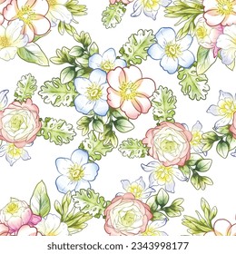Abstract seamless pattern with plants, herbs and flowers, botanical illustration.
