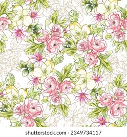Abstract seamless pattern with plants, herbs and flowers, botanical illustration.