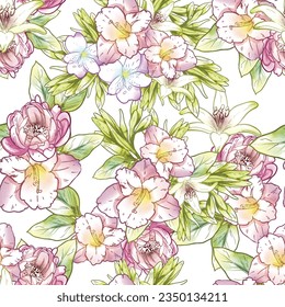 Abstract seamless pattern with plants, herbs and flowers, botanical illustration.