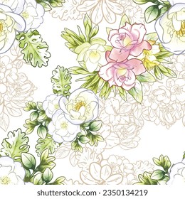 Abstract seamless pattern with plants, herbs and flowers, botanical illustration.