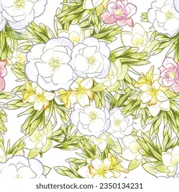 Abstract seamless pattern with plants, herbs and flowers, botanical illustration.
