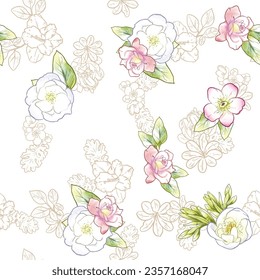 Abstraktes nahtloses Muster mit Pflanzen, Kräutern und Blumen, botanische Illustration.