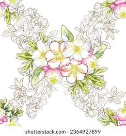 Abstract seamless pattern with plants, herbs and flowers, botanical illustration.