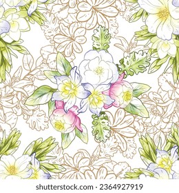 Abstract seamless pattern with plants, herbs and flowers, botanical illustration.