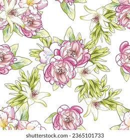Abstraktes nahtloses Muster mit Pflanzen, Kräutern und Blumen, botanische Illustration.