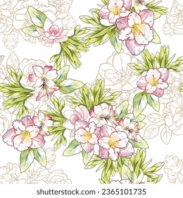 Abstract seamless pattern with plants, herbs and flowers, botanical illustration.