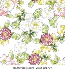 Abstract seamless pattern with plants, herbs and flowers, botanical illustration.