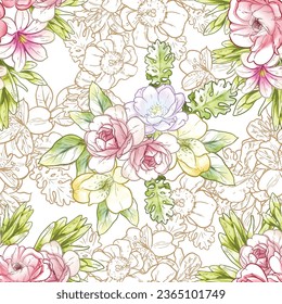 Abstract seamless pattern with plants, herbs and flowers, botanical illustration.