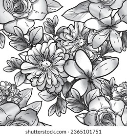 Abstract seamless pattern with plants, herbs and flowers, botanical illustration.