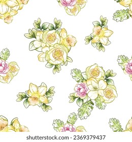 Abstract seamless pattern with plants, herbs and flowers, botanical illustration.
