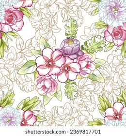 Abstract seamless pattern with plants, herbs and flowers, botanical illustration.