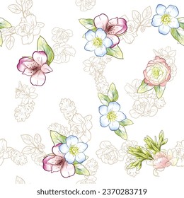 Abstract seamless pattern with plants, herbs and flowers, botanical illustration.