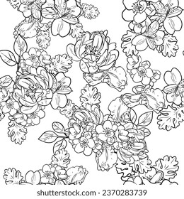 Abstract seamless pattern with plants, herbs and flowers, botanical illustration.