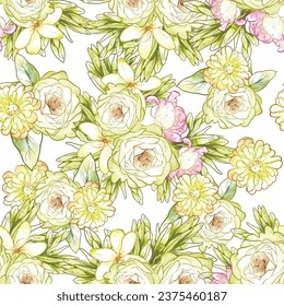 Abstract seamless pattern with plants, herbs and flowers, botanical illustration.