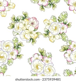 Abstract seamless pattern with plants, herbs and flowers, botanical illustration.