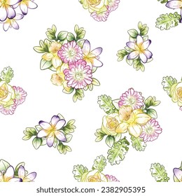 Abstract seamless pattern with plants, herbs and flowers, botanical illustration.