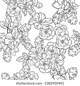 Resumen de patrón sin fisuras con plantas, hierbas y flores, ilustración botánica.