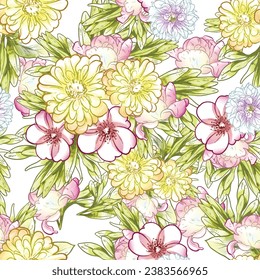 Abstract seamless pattern with plants, herbs and flowers, botanical illustration.